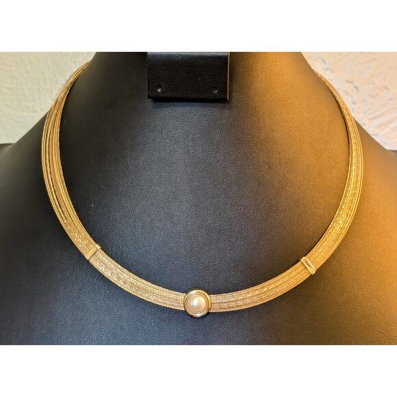 14k Multi-Strand Gold Flex Wire Pearl Enhanced Collar Necklace - Picture 1 of 13